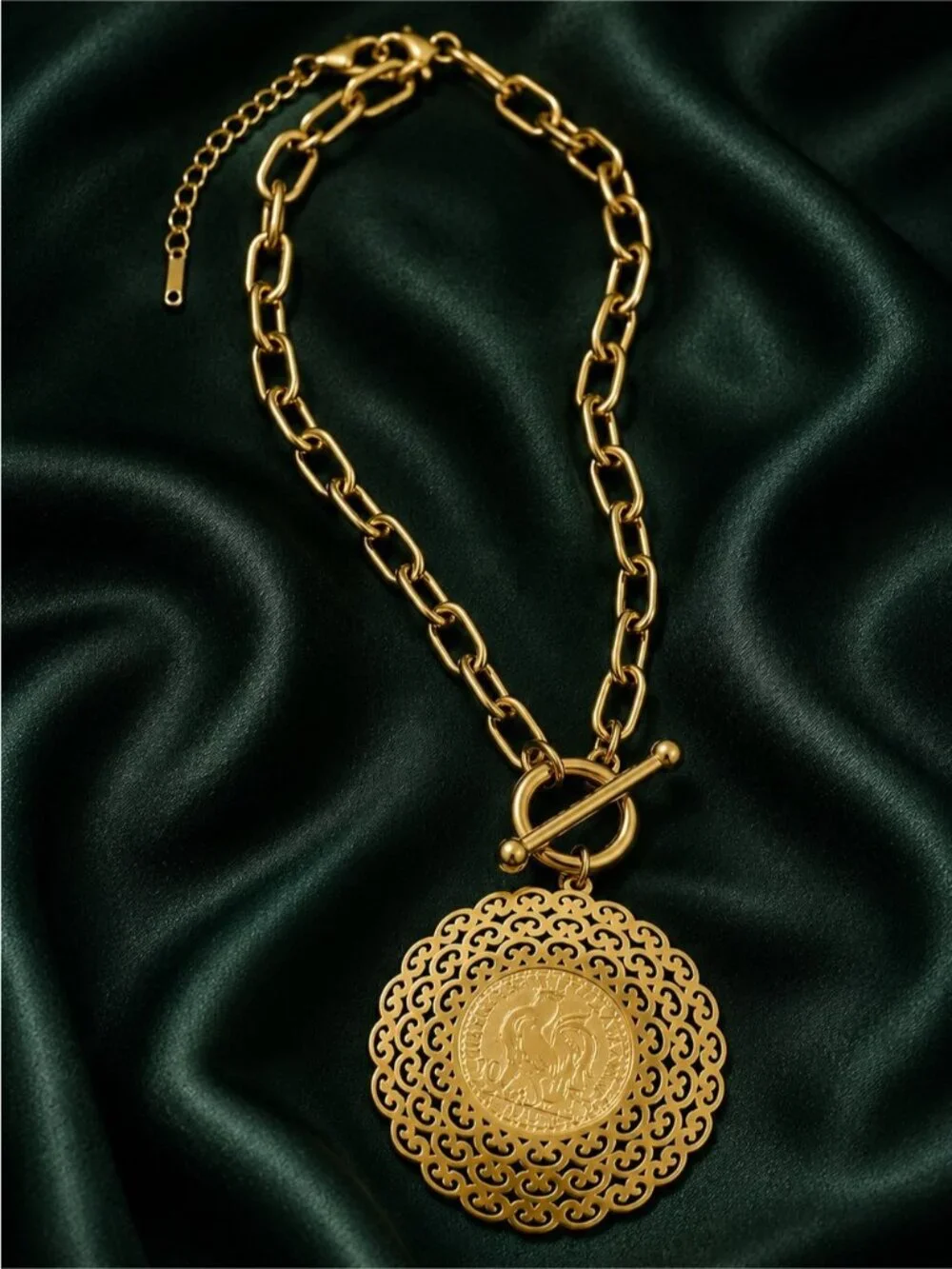 Gold tone Rooster carved Medallion Necklace